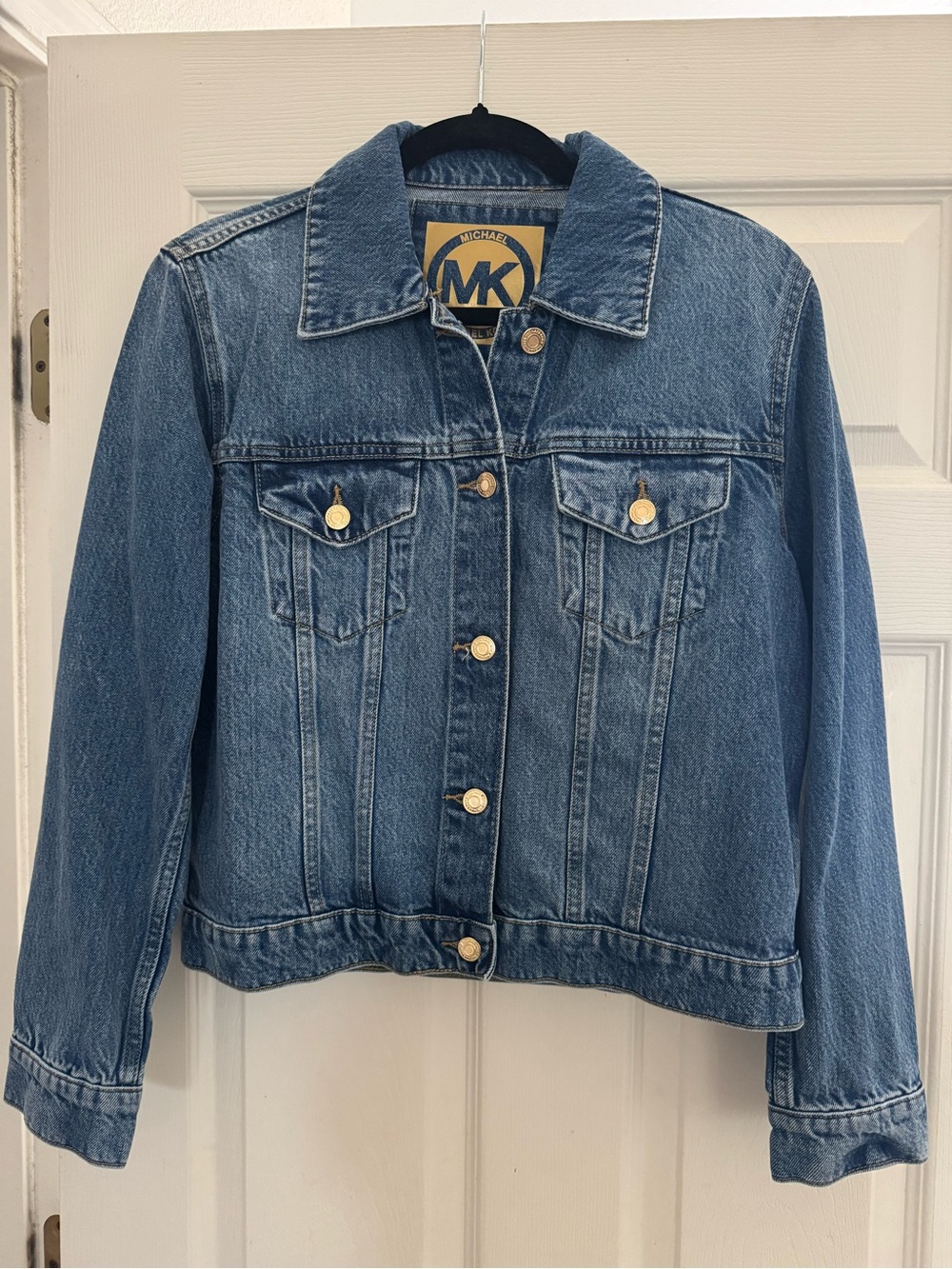Michael Kors Classic Medium Blue Denim Jacket with Gold-Tone Buttons